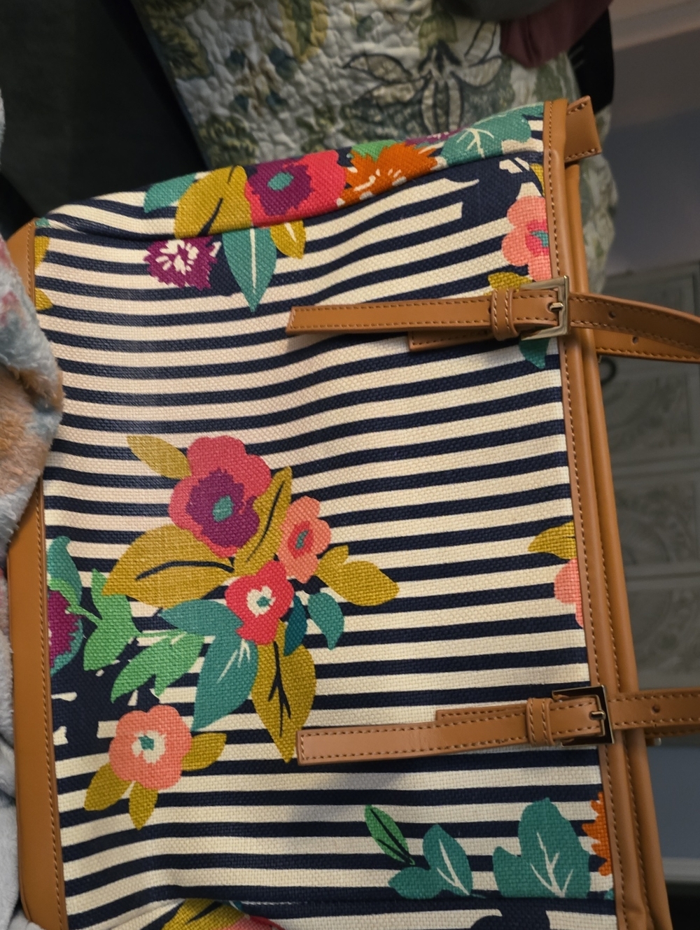 Spartina Floral Stripe Tote Bag with Tan Trim - Navy & Multicolor